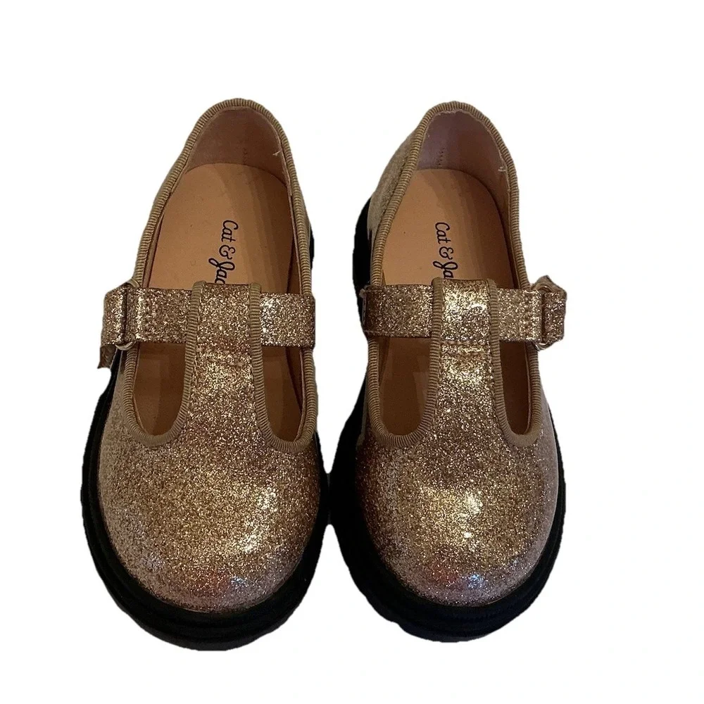 Cat & Jack Girls Gold Glitter‎ Mary Jane T-Strap Dress Shoes Size 6 Toddler